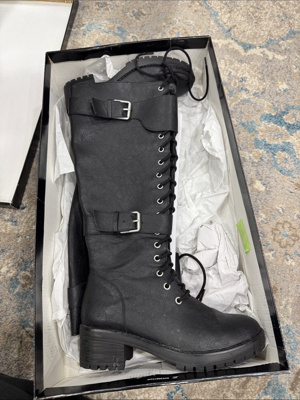 Lord & Taylor - Black Lace-Up Buckle Combat Boots - Women